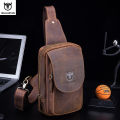 BULLCAPTAIN Men's Crossbody Bags Crazy Horse Leather Chest Bag's Leather Crossbody Bages Retro Men's Zip Pocket Short Travel Bag. 