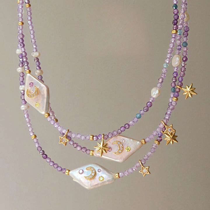 Natural moon and star purple beaded chain, fresh and elegant, fashionable accessory