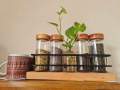 Malaysian pinewood kitchen organizer jar with rack.