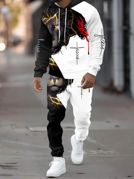 The New Men's Set for Spring and Autumn 2025 Features a Casual Fashionable and Comfortable 3D Lion Pattern Print