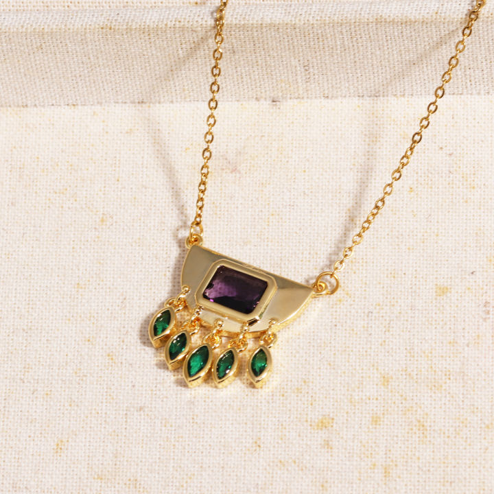 Stainless%20Steel%20Half%20Round%20Green%20Oval%20Zircon%20Tassel%20Pendant%20Necklace%20For%20Women%20Daily%20Wear%20Fashion%20Neck%20Chain%20Waterproof%20Jewelry%20-%20Image%206