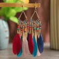 Bohemian Ethnic Feather Dangle Earrings For Women Trendy Long Tassel Colorful Beads Drop Earrings Girl Female Boho Jewelry.