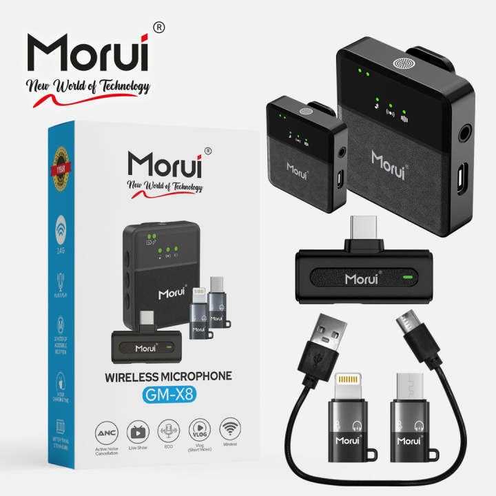 Morui GM-X8 Mic With ANC - Wireless Mic For Vloggers and YouTubers - Morui GMX8 Wireless 4 in 1 - Wireless lavalier Collar Mic