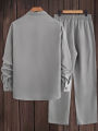 Men's 2 Piece Textured Outfits, Light Gray Stand Collar Shirt & Drawstring Pants Set.