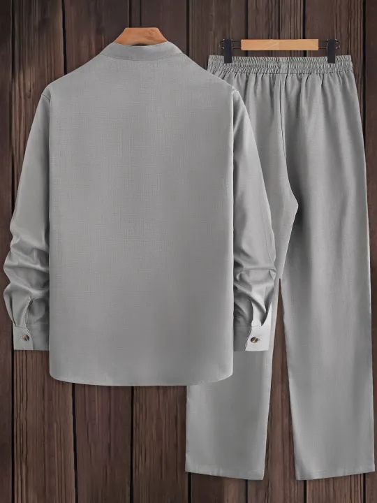 Men's%202%20Piece%20Textured%20Outfits,%20Light%20Gray%20Stand%20Collar%20Shirt%20&%20Drawstring%20Pants%20Set%20-%20Image%202