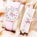 2Pcs Ladies Fashion Trend Roman Unicorn Digital Pink Leather Quartz Watch Simple Crystal Bracelet Set Christmas Birthday Gift. 