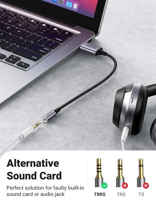 UGREEN%20USB%20to%203.5mm%20Jack%20Audio%20Adapter%20Sound%20Card%20Support%20Mic%20TRRS%20Headphone%20DAC%2024bit%2096kHz%20Nylon%20Braided%20USB%20to%20Aux%20Jack%20Compatible%20with%20Windows%20Mac%20Linux%20PC%20PS5%20PS4%20Switch%20Speaker,%209.8%20Inch%20-%20Image%202