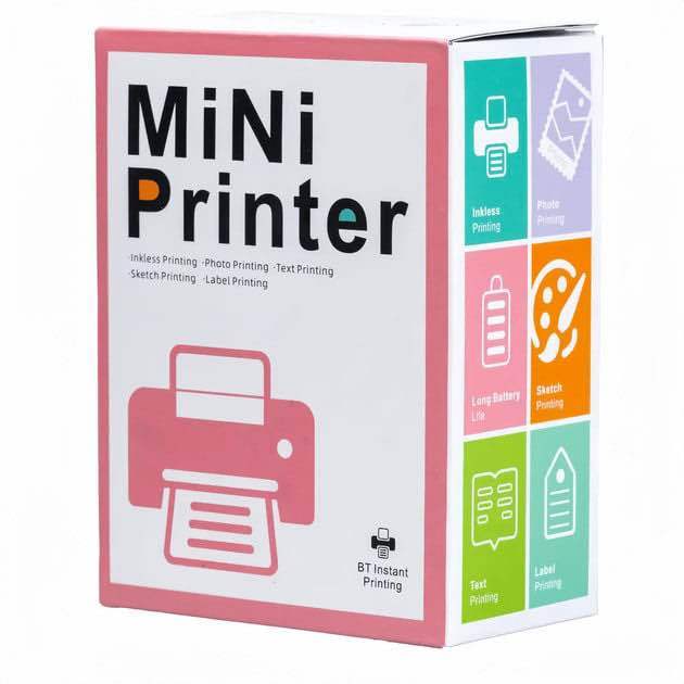 Mini Printer Portable BT Inkless Thermal Printer 200DPI Resolution Ergonomic Design Built in 1 Roll of Non Stick Thermal Paper Best Gift for Girls or Children,etc.