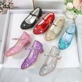 Girls Shoes Children High Heel Glitter Crystal Sandals Fashion Buckle Kids Princess Dance Shoe Student Performance Leather Shoes. 