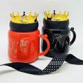 King Queen Crown Design Ceramic Mug With Crown Lid, Coffee Cup Gift For Valentines. 