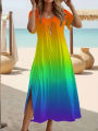 Elegant Summer Plus Size V-Neck Butterfly Print Dress - Split Hem Short Sleeve Women's Fashion.