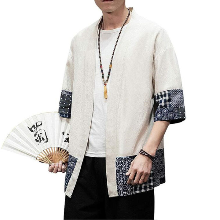 Men's%20Japanese%20Kimono%20Cardigan%20Loose%20Cotton%20Linen%203/4%20Sleeve%20Open%20Front%20Casual%20Summer%20Shirt%20Jackets%20-%20Image%204