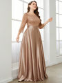 Mgiacy Crew neck long sleeve sequin patchwork satin long gown ball dress Party dress Bridesmaid dress. 