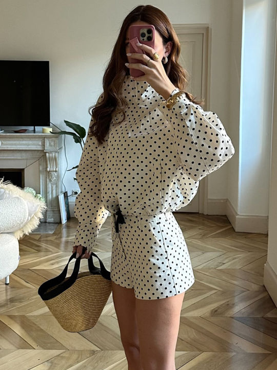 HH Elegant Women's Polka Dot Jackets Shorts Sets 2025 Stand Collar Drawstring Jacket+High Waist Shorts Lady Street Outfits
