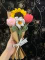 Crochet sunflower tulip daisy with complementary khaaki wrapping with a note / crochet bouquet. 