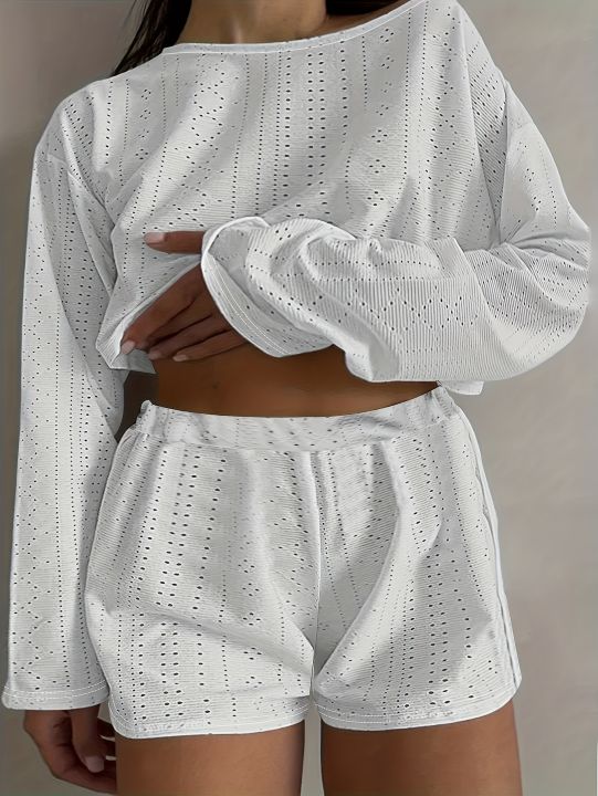 Plus%20Size%20Eyelet%20Casual%20Shorts%20Set,%20Crew%20Neck%20Long%20Sleeve%20Top%20&%20Shorts%20Outfits,%20Women's%20Plus%20Size%20Clothing%20-%20Image%206