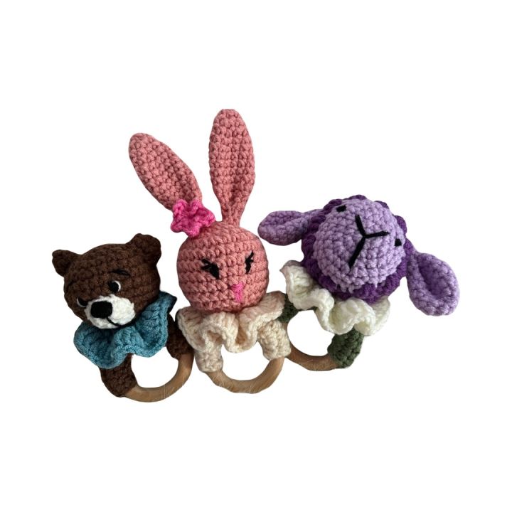 thumbnail image 2 of Handmade Elephant Amigurumi Crochet Rattler With Wooden Teething Ring 2 of 10