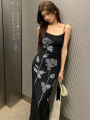 2026 Spring Summer New Women's Design Sense Stretch Mesh Rose Print Bodycon Cami Dress Korean-style Bodycon Maxi Dresses. 