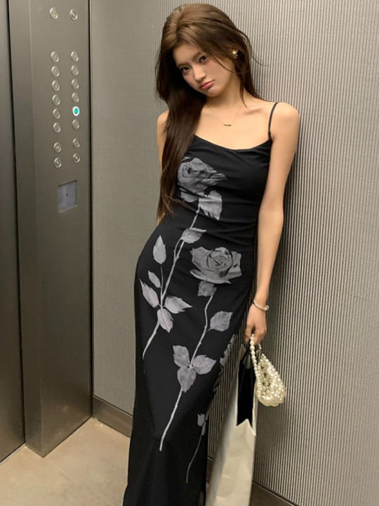 2026%20Spring%20Summer%20New%20Women's%20Design%20Sense%20Stretch%20Mesh%20Rose%20Print%20Bodycon%20Cami%20Dress%20Korean-style%20Bodycon%20Maxi%20Dresses%20-%20Image%204
