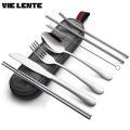8Pcs/set Tableware Reusable Travel Cutlery Set Camp Utensils Set with Stainless Steel Spoon Fork Chopsticks Straw Portable Case. 