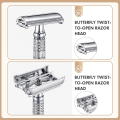 Double Edge Safety Razor Old-fashioned Metal Shaver Beard Barber Wet Shaving Twist Open for Men Women With 5 Blades and Mirror.