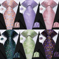 Hi-Tie Mens Pink Purple Green Floral Wedding Necktie Handkerchief Cufflinks for Tuxedo Accessory Classic Luxury Tie Man Gift. 