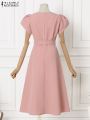 ZANZEA Elegant Summer Short Sleeve Dress Women Fashion OL Work Sundress Robe Femme Casual Solid A Line Vestido Kaftan Sarafans.