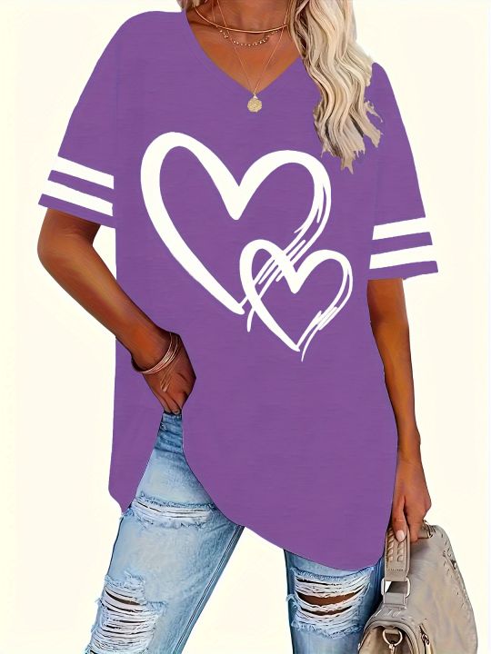Plus Size Women Casual T-shirt Love Print V-Neck Short-Sleeved Top For Valentine's Day Gifts