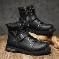 High Quality Men Snow Boots Metal Rivets Low Heel Trend Punk Rock Knight Boots Men's Leather Winter Cotton Shoes Motorcycle Boot. 