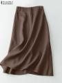 ZANZEA Elegant Cotton Midi Skirts Casual Button Up A-line Skirt Women High Waist Jupe 2024 Summer Solid Temperament Falda Mujer.
