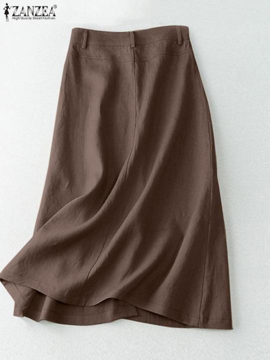ZANZEA%20%20Elegant%20Cotton%20Midi%20Skirts%20Casual%20Button%20Up%20A-line%20Skirt%20Women%20High%20Waist%20Jupe%202024%20Summer%20Solid%20Temperament%20Falda%20Mujer%20-%20Image%204