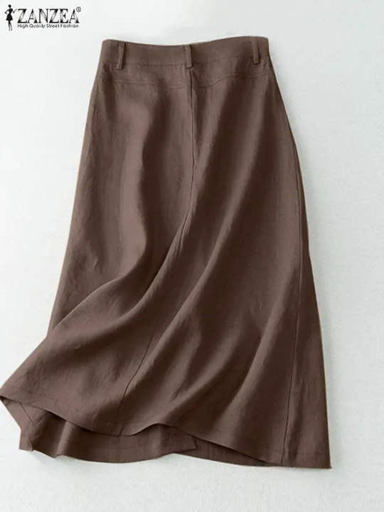 ZANZEA%20%20Elegant%20Cotton%20Midi%20Skirts%20Casual%20Button%20Up%20A-line%20Skirt%20Women%20High%20Waist%20Jupe%202024%20Summer%20Solid%20Temperament%20Falda%20Mujer%20-%20Image%204