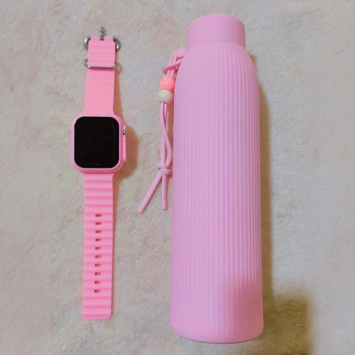 Glass Water Bottle And LED Watch Combo Pack Unisex Sports Watch Stylish Gift Set 2 Pieces Premium Collection