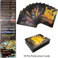 Poki-Moon Foil Playing Cards Set for Kids | 55 Different Characters Assorted Cards TCG Deck Box - V Series Cards Vmax GX Rare Cards (Black). 