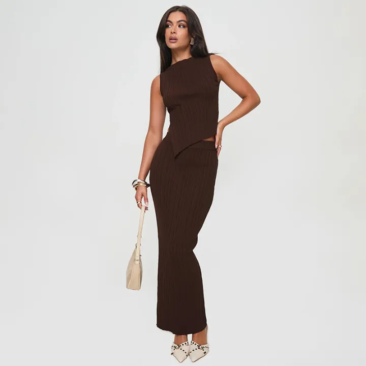 Summer%20New%20Pure%20Color%20round%20Neck%20Unisex%20High%20Waist%20Long%20Dress%20Slimming%20Set%20High%20Waist%20Long%20Skirt%20Top%20And%20Bottom%20Ensemble%20-%20Image%202