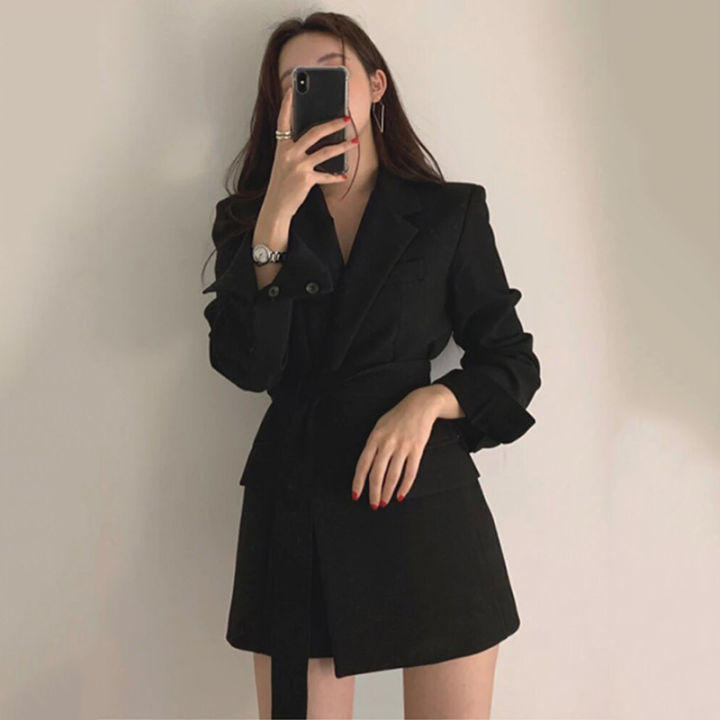 Traf Blazer Women Chic Jacket Medium Length Long Sleeved Overcoat Solid Color Lace Up Office Lady Topcoat  Autumn Winter Coat