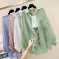 Summer Sunscreen Shirt Elegant Perspective Thin Chiffon Blouse Korean Harajuku See Through Loose Top Casual Women's Cardigan.