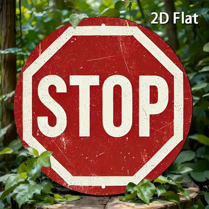 [2D Flat] Vintage Stop Sign Aluminum Wall Art -Round Retro Traffic ...