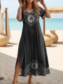 Elegant Summer Plus Size V-Neck Butterfly Print Dress - Split Hem Short Sleeve Women's Fashion.