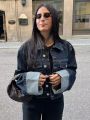 HH Women Vintage Denim Jacket Single Breasted Lapel Long Sleeve Coat With Pockets Dark Blue Denim Jacket Fashion High Street Top.