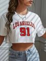 Los Angeles Number 91 Graphic Round Neck Sports Crop T-shirt Crew Neck Casual Running Workout Crop Top Women's Activewear. 