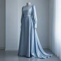 Luxury Silk Maxi Dress for Women | Light Blue Full Sleeves Long Gown | Elegant Modest Party & Wedding Wear | Designer Satin Stitched Frock. 