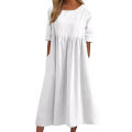 Summer New Cotton and Linen Casual Short Sleeve Pocket Fold Loose Round Neck Women's Dress 300. 