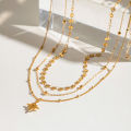 European American Style Stainless Steel Three Layer Necklace Rhinestone Four Pointed Star Pendant Simple Luxury Titanium Piece. 