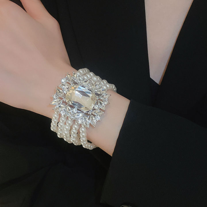 Shiny Big Square Zircon Bracelets Elegant Imitation Pearl Multi-layer Chain Bracelets Bangles for Women Party Wristbands K-