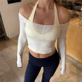 Women Casual Off Shoulder Long Sleeve Crop Tops Yoga Fitness T-shirt Solid Slim Fit Workout Gym Sports Training Pullovers Tees. 