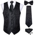 Men's Black Solid Paisley Suit Vest with Necktie Bow Tie Handkerchief Cufflinks Formal Waistcoat for Wedding Prom Tuxedo.