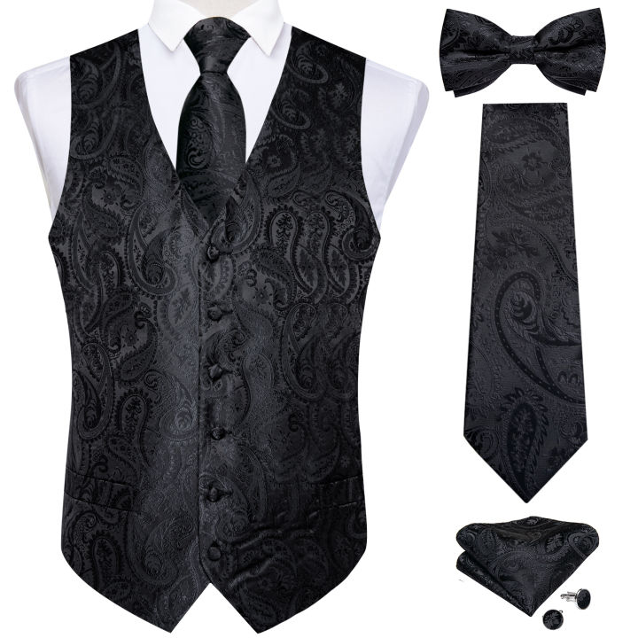 Men's Black Solid Paisley Suit Vest with Necktie Bow Tie Handkerchief Cufflinks Formal Waistcoat for Wedding Prom Tuxedo