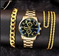 3 Pcs /Mens Fashion Golden Jewelry Deal Top class Casual  Watch + Braclet+Nacklace For Men/Boys Trendy Watch In Random Dial Designs. 