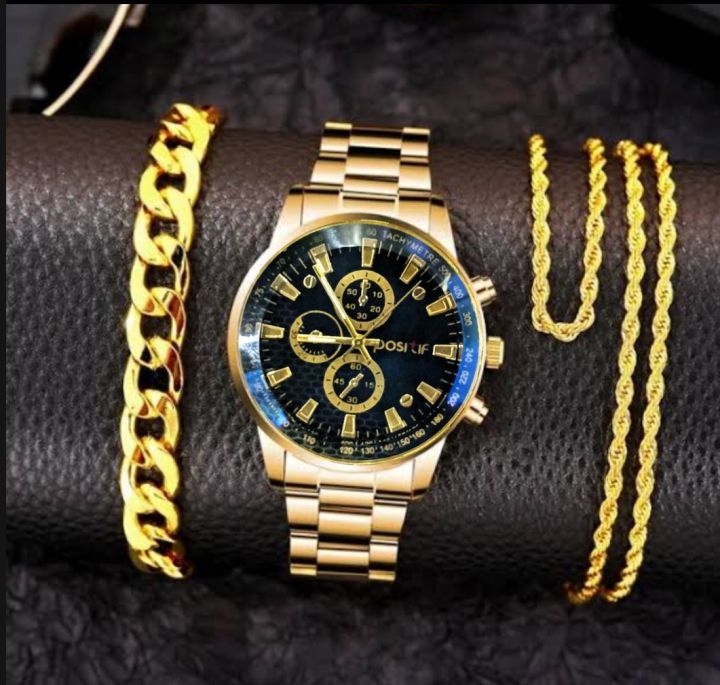 3 Pcs /Mens Fashion Golden Jewelry Deal Top class Casual  Watch + Braclet+Nacklace For Men/Boys Trendy Watch In Random Dial Designs